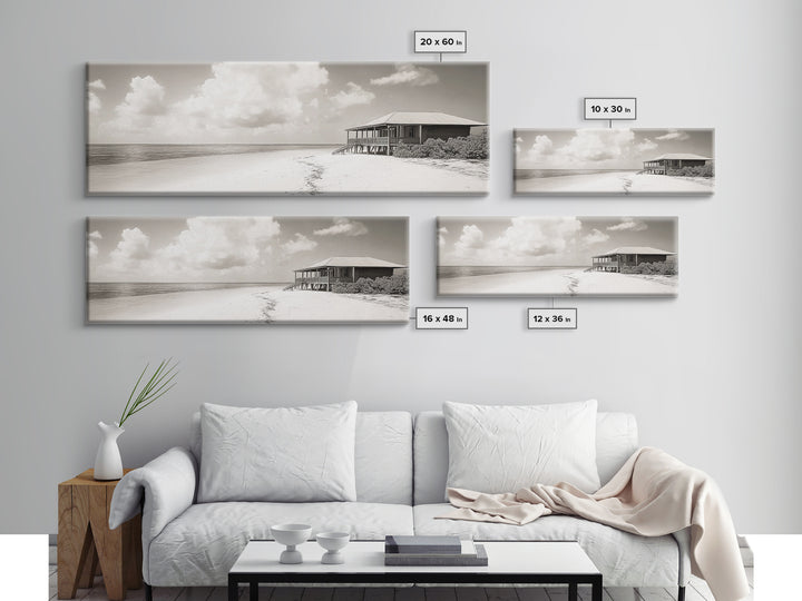 Beach House, Secluded Shore, Calm Waters, Framed Canvas Print, Coastal Wall Art, Minimalist Living Room Decor, Vacation Vibes