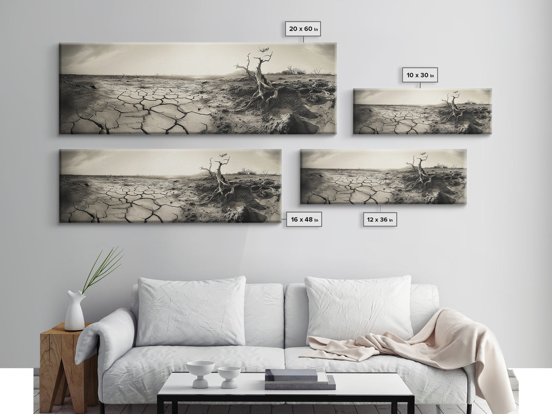 Cracked Earth Drought, Barren Landscape, Nature Drama, Earth Tones, Framed Canvas Print, Fall Wall Art, Study Room Decor, Minimalist Style