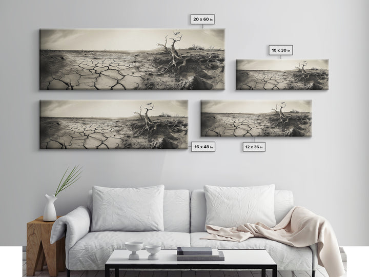 Cracked Earth Drought, Barren Landscape, Nature Drama, Earth Tones, Framed Canvas Print, Fall Wall Art, Study Room Decor, Minimalist Style