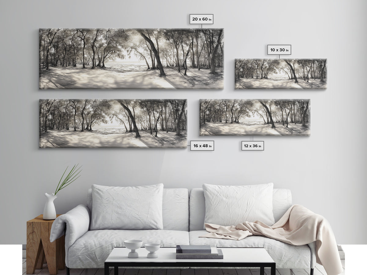 Dreamy Beach Forest, Sepia Trees, Canvas Print, Nature Wall Decor, Fall Bedroom Art, Rustic Woodland Landscape, Tree Shadow Light