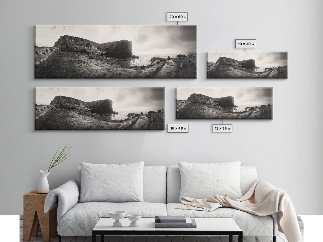 Rocky Coastal Path, Ocean Horizon View, Canvas Print, Neutral Earth Tones, Rustic Wall Art, Beach Landscape Photography, Grunge Nautical Art