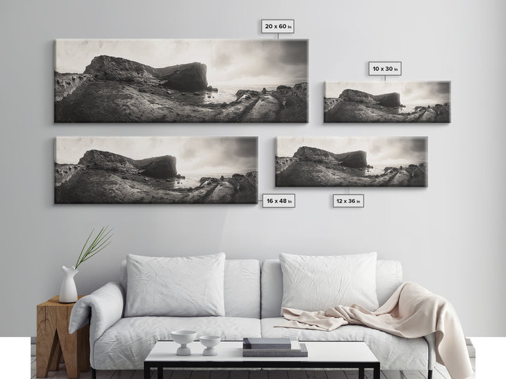 Rocky Coastal Path, Ocean Horizon View, Canvas Print, Neutral Earth Tones, Rustic Wall Art, Beach Landscape Photography, Grunge Nautical Art