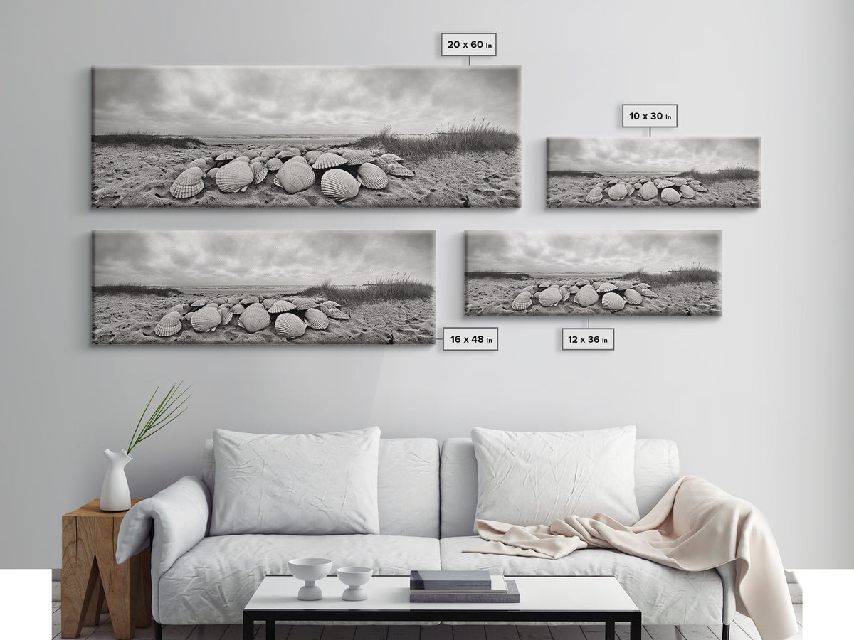 Scallop Shell Cluster, Dune Beach Scene, Canvas Print, Coastal Kitchen Decor, Minimalist Shell Wall Art, Natural Beach Aesthetic