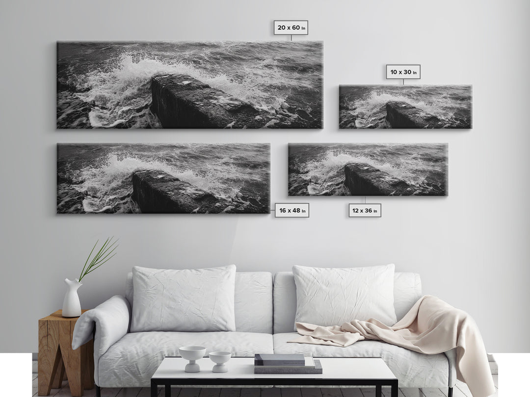 Crashing Waves Rock, Coastal Seascape, Ocean Photography, Black White Art, Framed Canvas Print, Nautical Bathroom Wall Decor