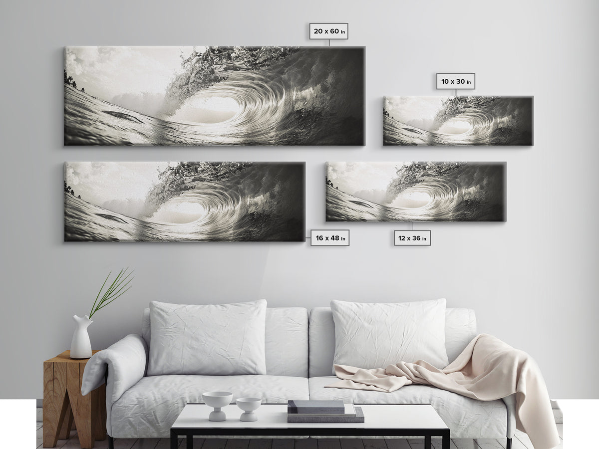 Ocean Barrel Wave, Surf Photography, Coastal Decor, Sepia Framed Canvas Print, Modern Beach House Bathroom or Living Room Wall Art
