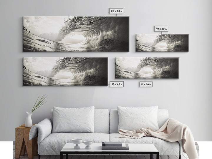 Ocean Barrel Wave, Surf Photography, Coastal Decor, Sepia Framed Canvas Print, Modern Beach House Bathroom or Living Room Wall Art