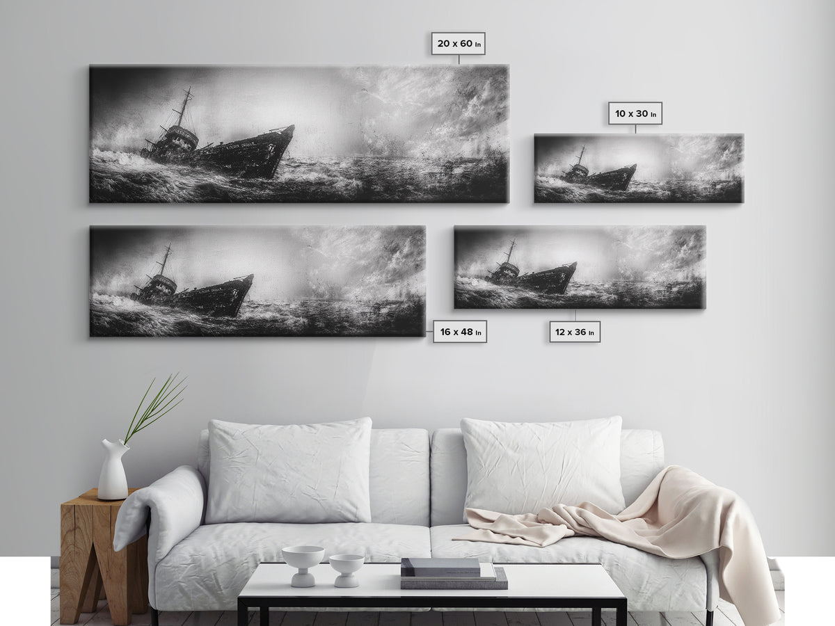 Abandoned Shipwreck Storm, Dark Sea Drama, Grunge Nautical Art, Framed Canvas Print, Industrial Office or Man Cave Wall Decor