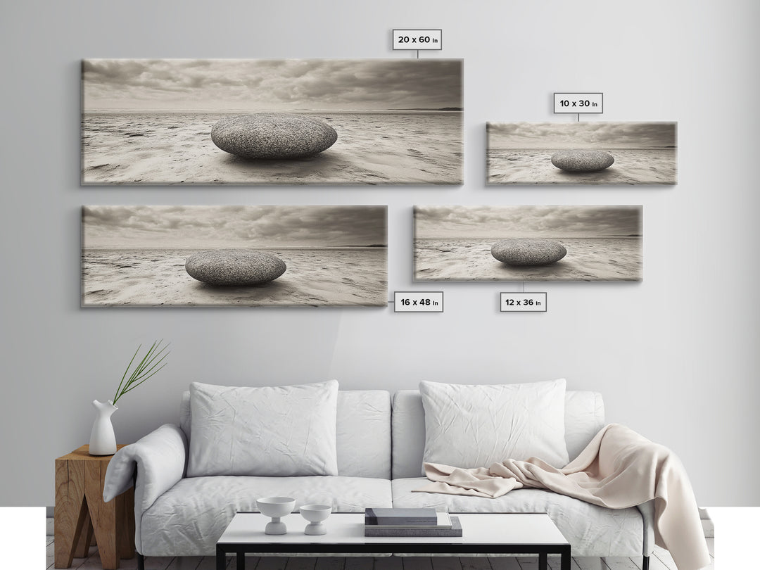 Round Beach Boulder, Serene Shore, Natural Simplicity, Neutral Toned Framed Canvas Print, Minimalist Living Room or Yoga Wall Art