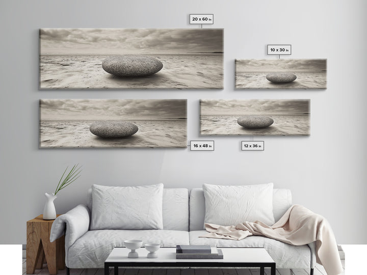 Round Beach Boulder, Serene Shore, Natural Simplicity, Neutral Toned Framed Canvas Print, Minimalist Living Room or Yoga Wall Art