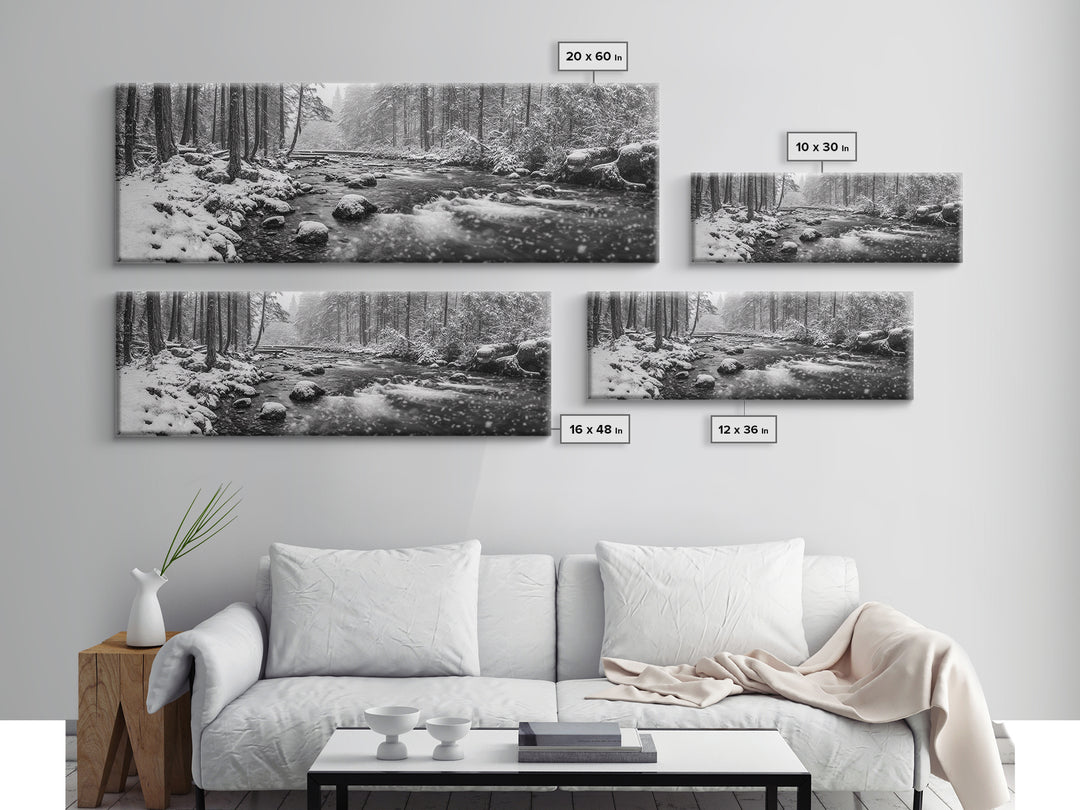 River Stream, Snow Forest, Winter Tranquility, Canvas Print, cozy cabin art, hygge home decor, Christmas wall art, woodland minimalist art