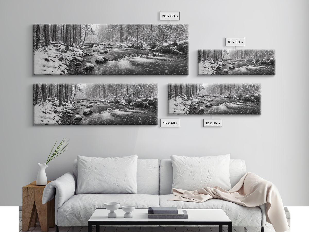 River Stream, Snow Forest, Winter Tranquility, Canvas Print, cozy cabin art, hygge home decor, Christmas wall art, woodland minimalist art
