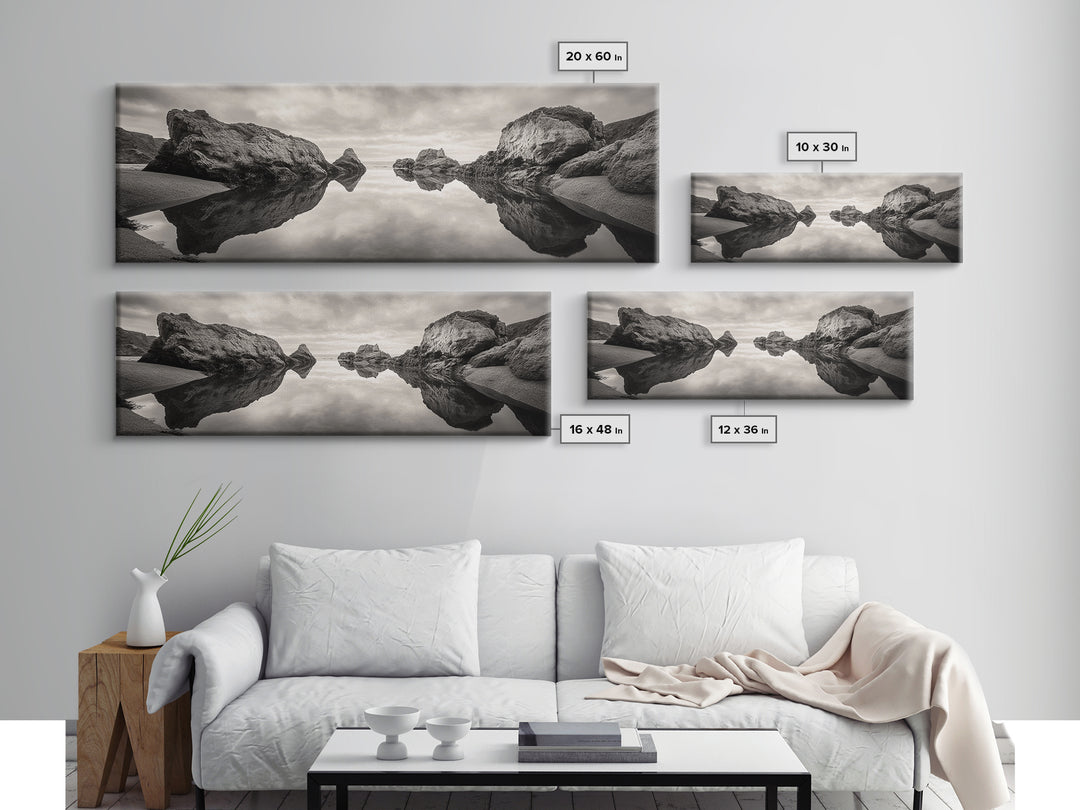 Rock Reflection, Coastal Tranquility, Nature Mirror, Framed Canvas Print, black and white coastal art, zen bathroom decor, moody ocean wall art