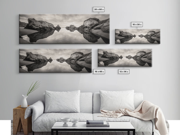 Rock Reflection, Coastal Tranquility, Nature Mirror, Framed Canvas Print, black and white coastal art, zen bathroom decor, moody ocean wall art