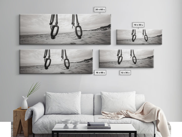 Nautical Swing, Beach Ropes, Seaside Minimalism, Canvas Print, black and white beach decor, coastal hallway wall art, maritime rustic style