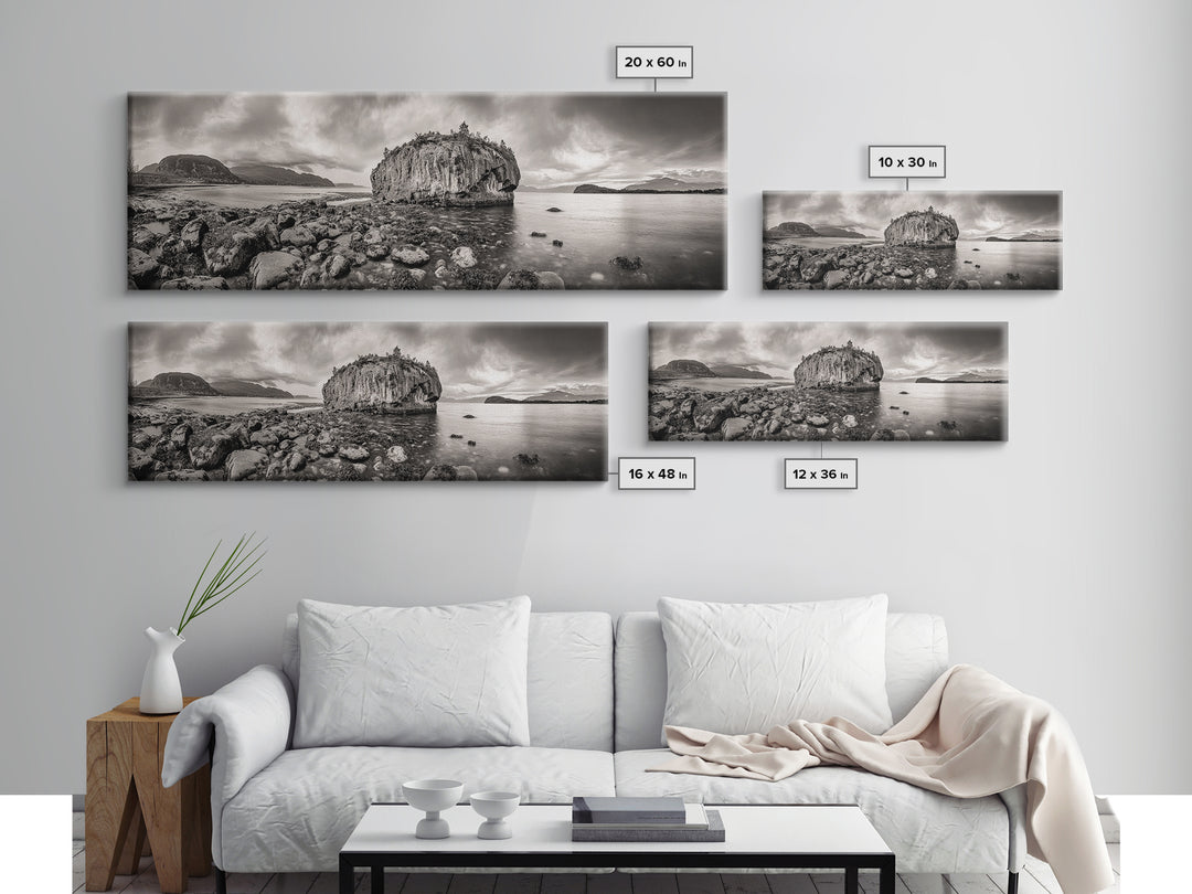 Island Shoreline, Rocky Coast View, Monochrome Nature, Framed Canvas Print, coastal kitchen decor, moody mountain beach wall art