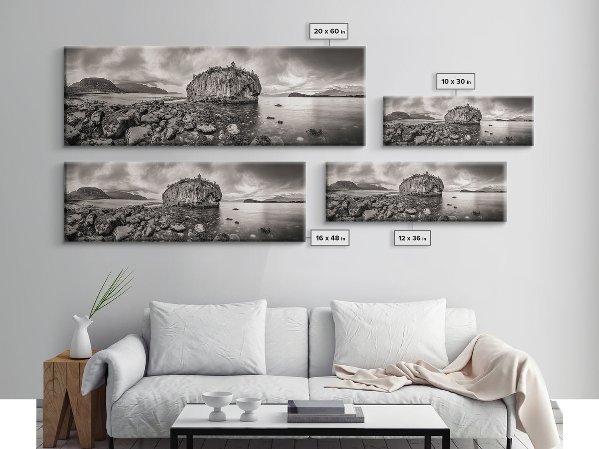 Island Shoreline, Rocky Coast View, Monochrome Nature, Framed Canvas Print, coastal kitchen decor, moody mountain beach wall art