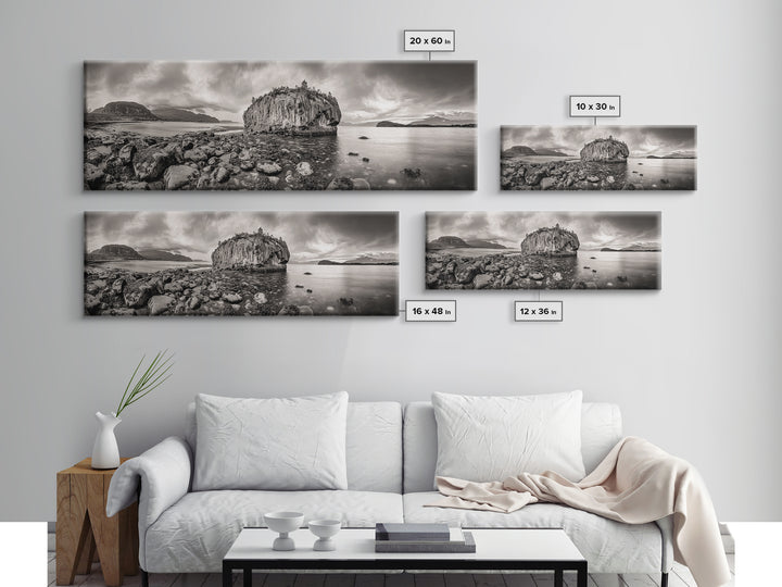 Island Shoreline, Rocky Coast View, Monochrome Nature, Framed Canvas Print, coastal kitchen decor, moody mountain beach wall art