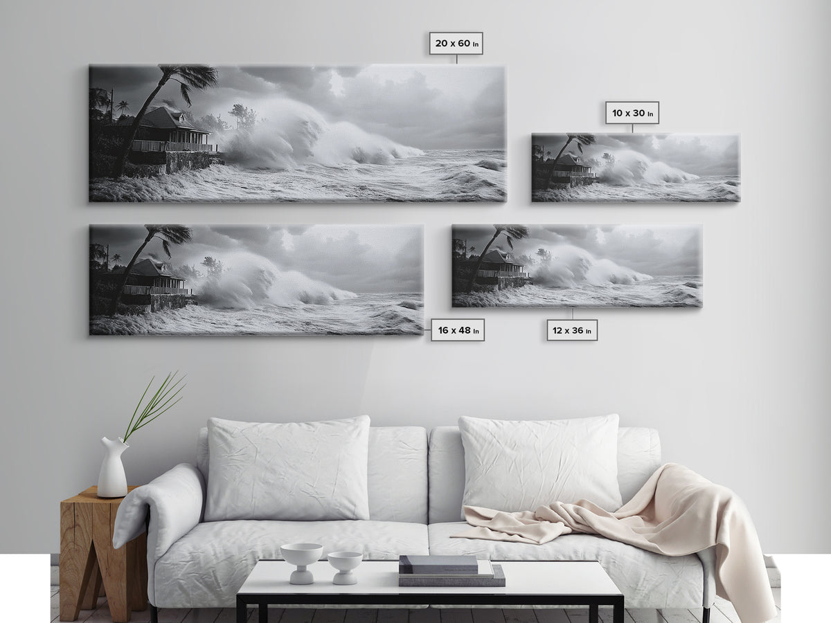 Stormy Waves, Ocean Fury, Tropical Housefront, Canvas Print, dramatic coastal decor, fall storm wall art, modern living room statement