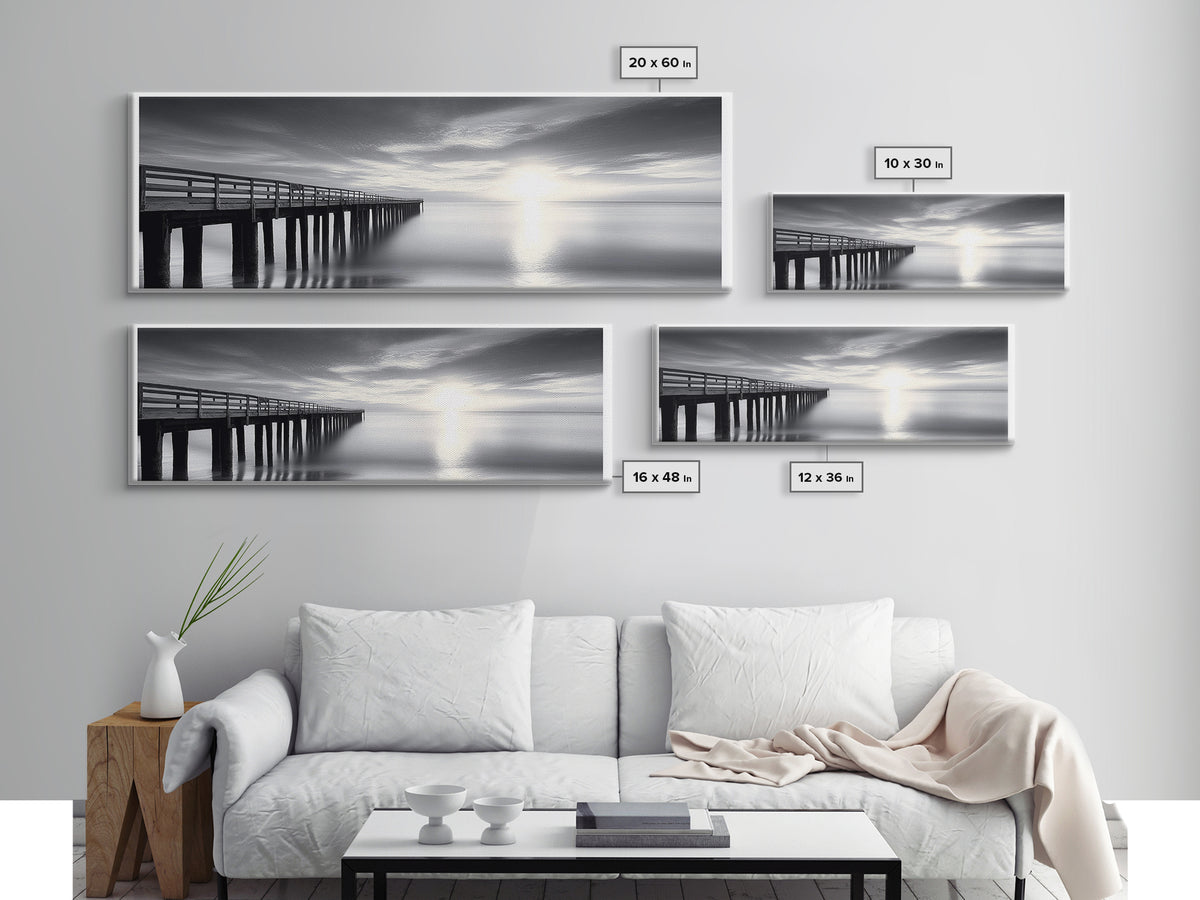 Ocean Pier, Tranquil Horizon, Serene Seascape, Framed Canvas Print, black and white beach wall art, bedroom coastal minimalism