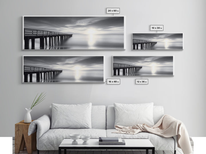 Ocean Pier, Tranquil Horizon, Serene Seascape, Framed Canvas Print, black and white beach wall art, bedroom coastal minimalism