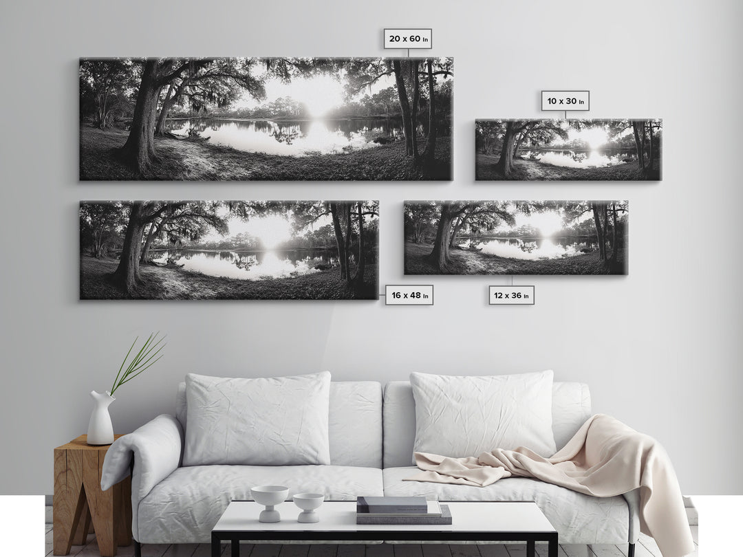 River Sunset, Mossy Trees, Tranquil Reflection, Framed Canvas Print, southern forest wall art, peaceful living room decor, rustic boho vibe