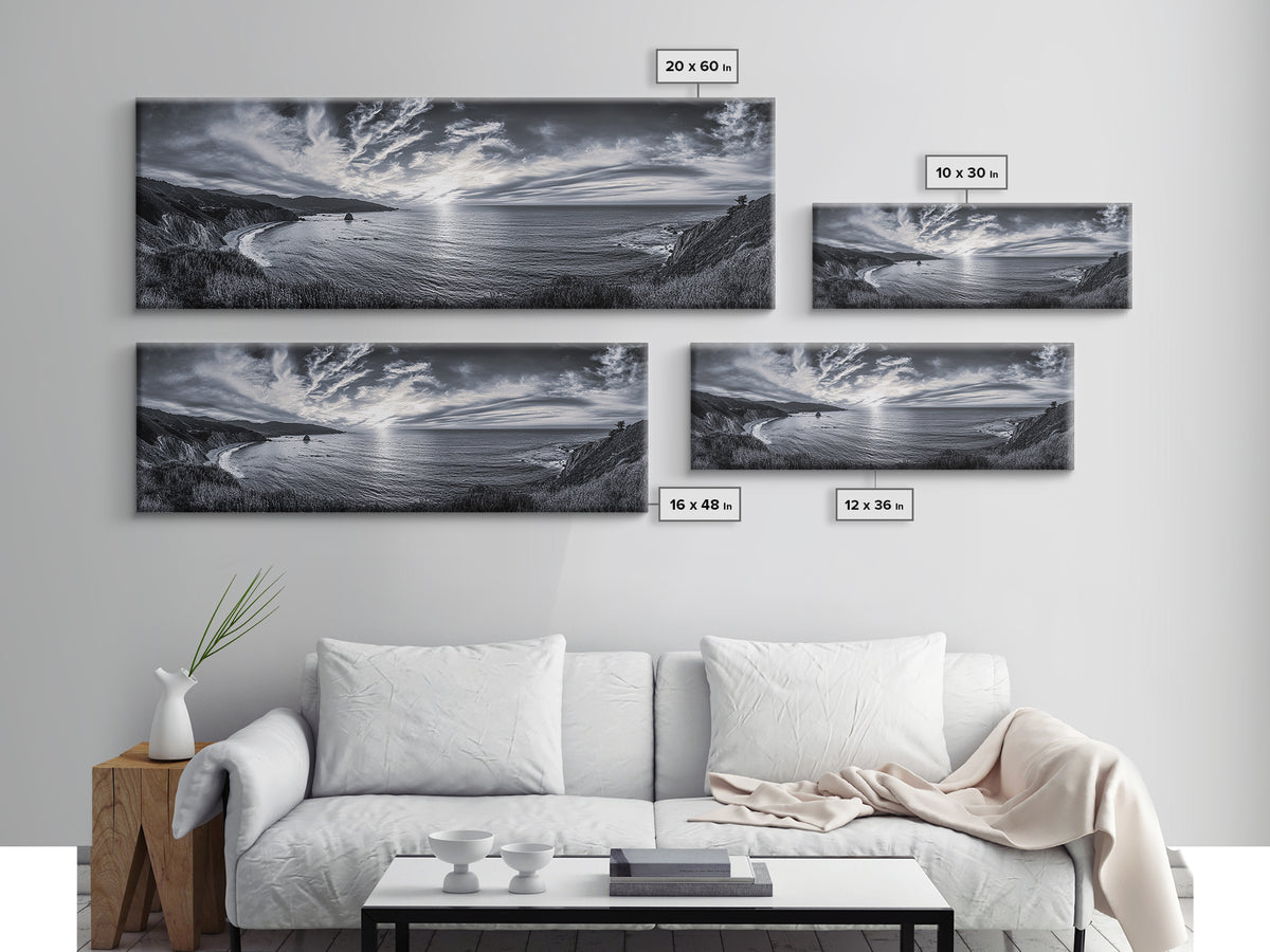 Cloudy Horizon, Wide Ocean View, Coastal Cliffs, Framed Canvas Print, dramatic seascape wall art, coastal kitchen decor, black and white