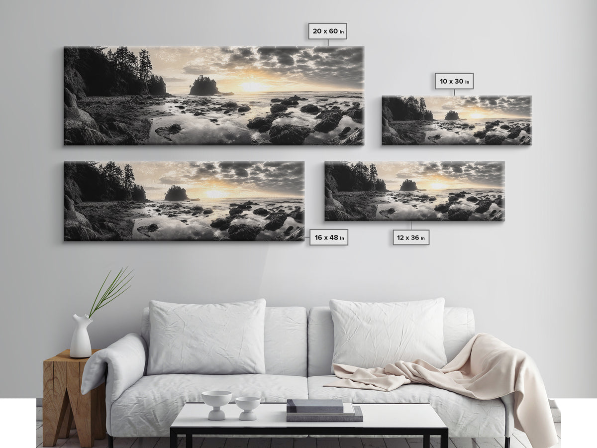 Sunset Shoreline, Moody Rocks, Forested Coast, Framed Canvas Print, nature lover gift, fall coastal art, rustic bathroom wall decor