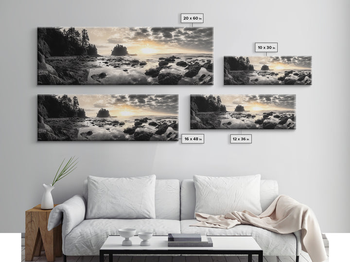 Sunset Shoreline, Moody Rocks, Forested Coast, Framed Canvas Print, nature lover gift, fall coastal art, rustic bathroom wall decor