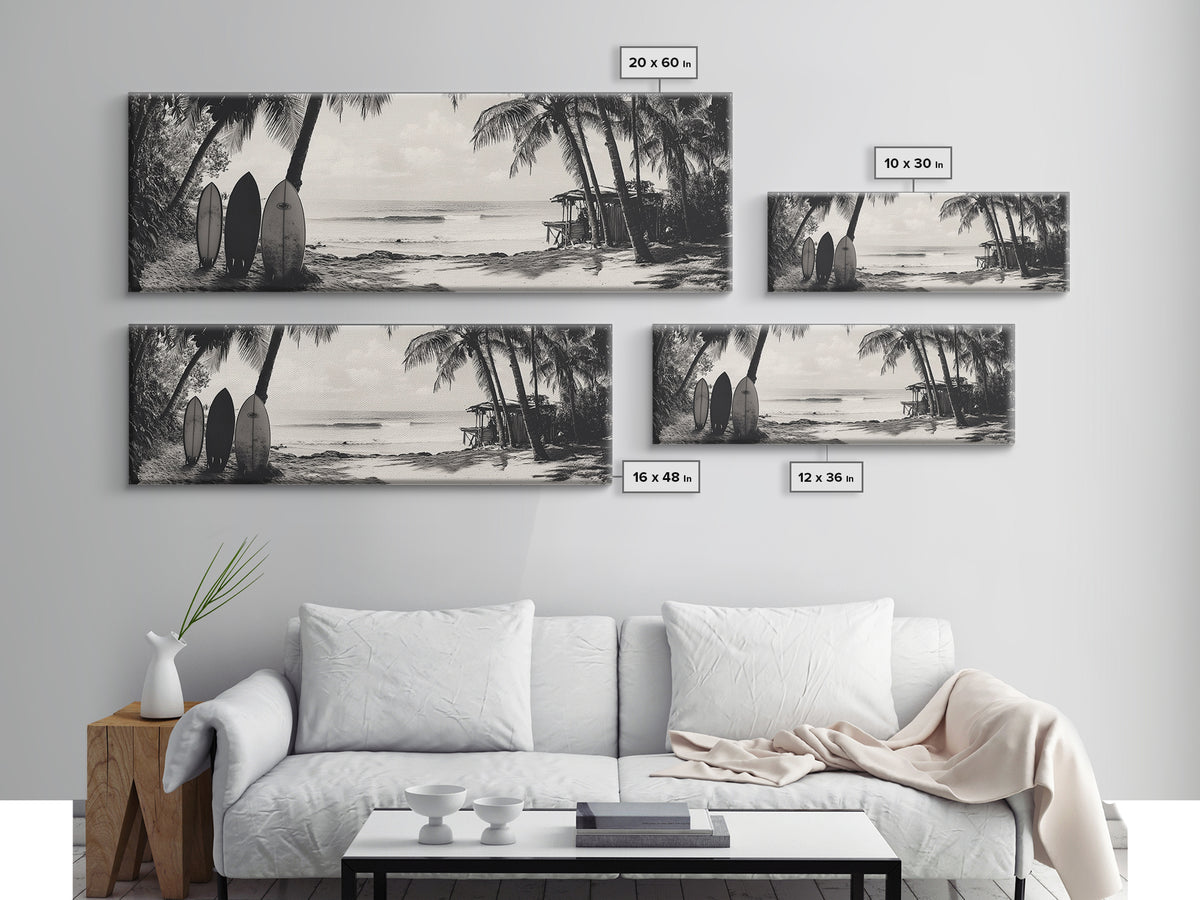 Surf Shack, Palm Trees, Tropical Boards, Canvas Print, retro beach wall art, coastal boho room decor, surfer cabin vibe, chill summer look
