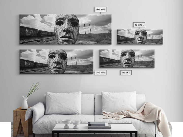 Abandoned Train Mask, Urban Surrealism, Monochrome Street Art, Modern Edgy Decor, Framed Canvas Print, Industrial Room Style