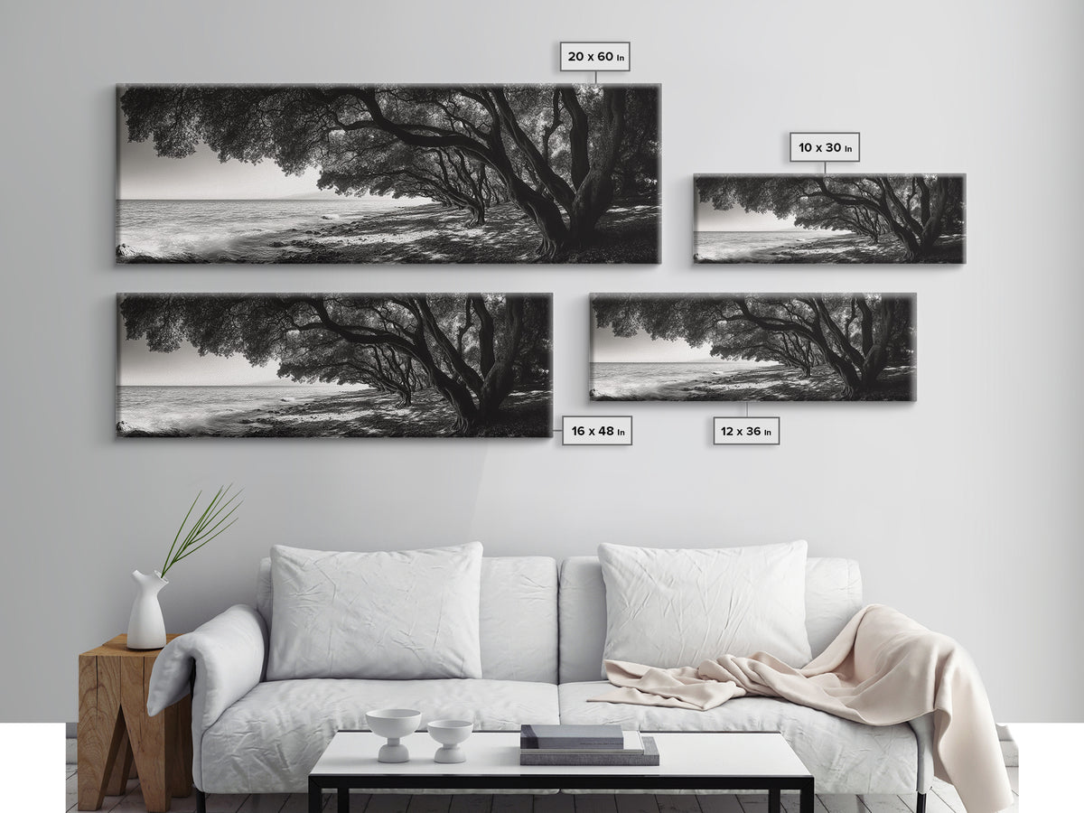 Ocean Trees, Shoreline Light, Majestic Forest, Beach Scene, Framed Canvas Print, Boho Wall Decor, Bedroom Art, Zen Coastal Artwork