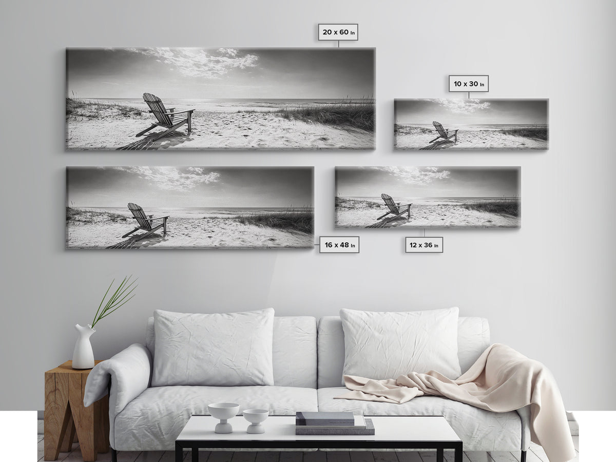 Coastal Chair, Black White, Seaside Decor, Beach Life, Framed Canvas Print, Coastal wall art, minimalist art, neutral tones, coastal room