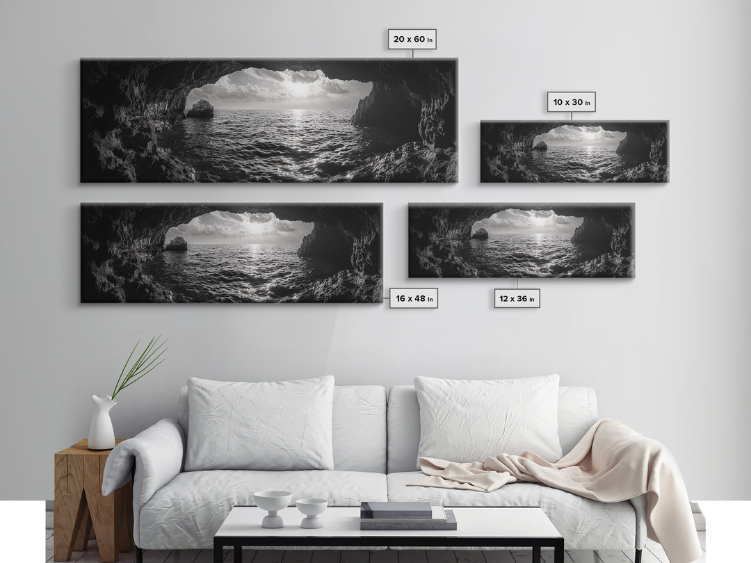 Ocean Cave, Horizon View, Seascape Tunnel, Sunset Waters, Framed Canvas Print, Coastal Bathroom Art, Nature Lover Gift, Minimal Decor