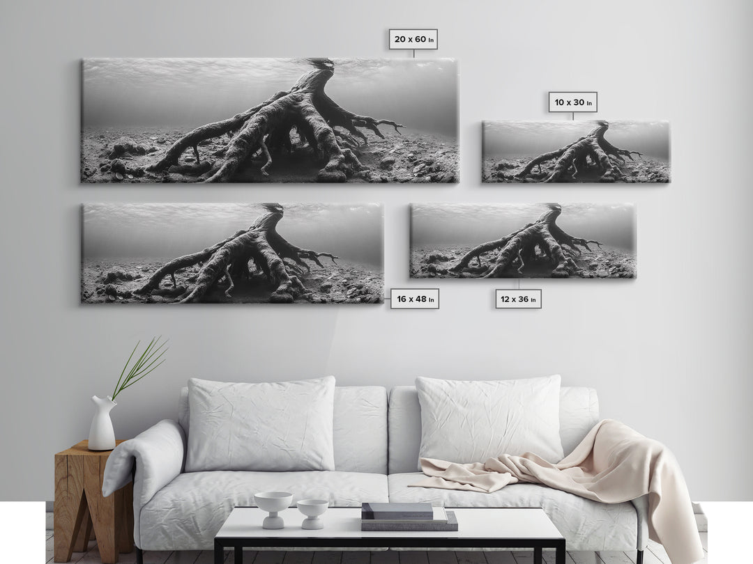 Ancient Roots, Submerged Tree, Nature Photography, Black and White, Canvas Print, Minimalist Underwater Art, Office Wall Art, Moody Decor