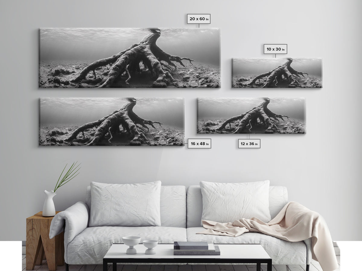 Ancient Roots, Submerged Tree, Nature Photography, Black and White, Canvas Print, Minimalist Underwater Art, Office Wall Art, Moody Decor