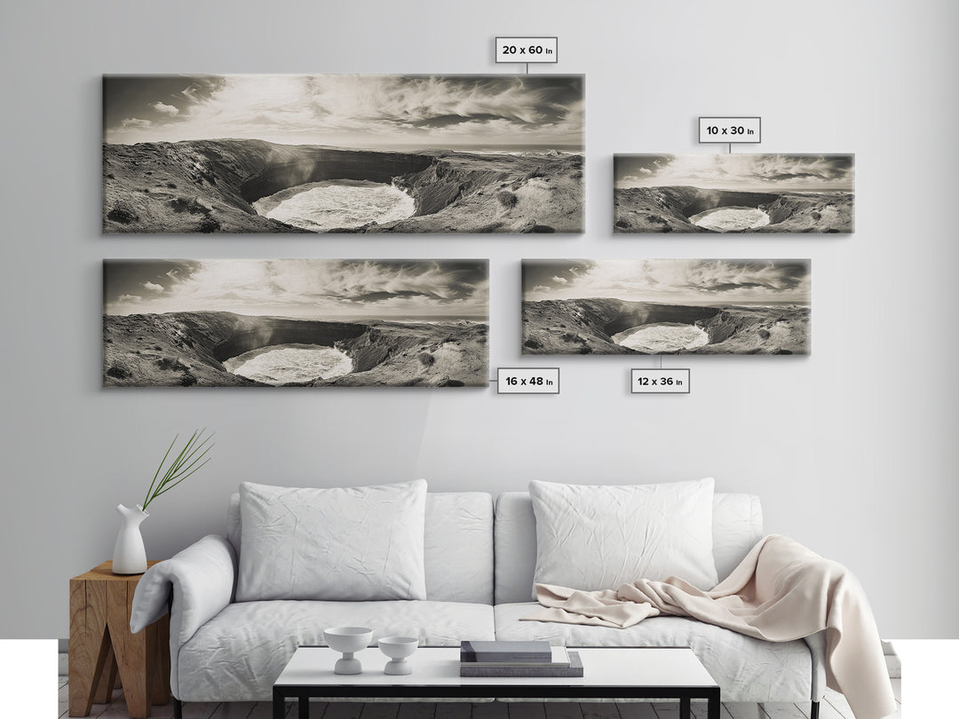 Ocean Crater, Coastal Cliff, Surreal Nature Art, Black and White Canvas Print, Gallery Wall Art, Earthy Decor, Adventure Inspired