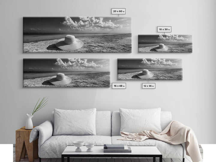 Beach Hat Scene, Coastal Escape, Sunny Seaside Moment, Framed Canvas Print, Modern Boho Bedroom Art, Summer Inspired Wall Decor