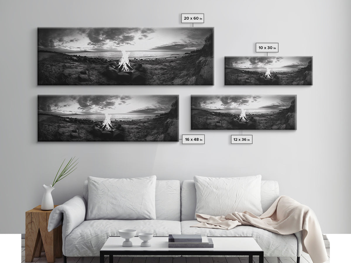 Seaside Fire, Coastal Camp, Black White, Night Shore, Framed Canvas Print, Fall decor, rustic outdoor art, cozy cabin wall art, man cave