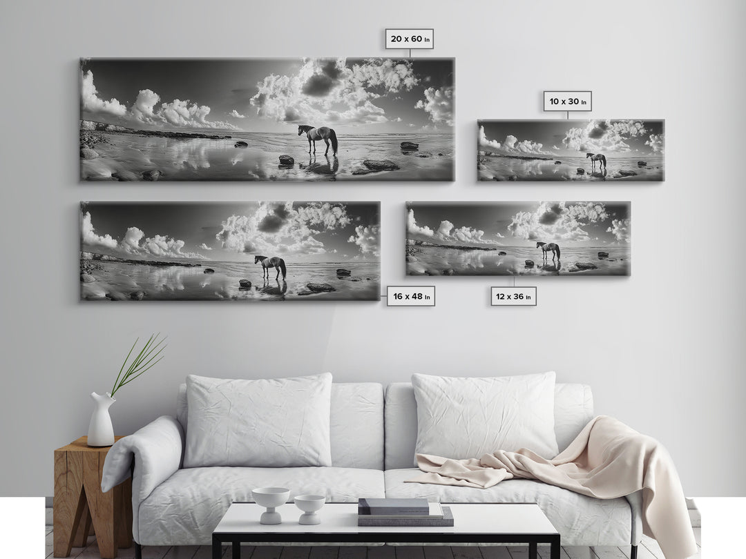 Beach Horse Reflection, Coastal Freedom, Wild Spirit Scene, Framed Canvas Print, Western Bathroom Art, Minimalist Beach House Decor