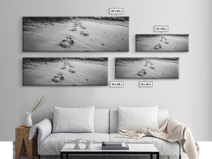 Beach Footprints, Sandy Path, Seaside Steps, Reflective Moment, Canvas Print, Minimalist Bathroom Wall Art, Tranquil Coastal Decor