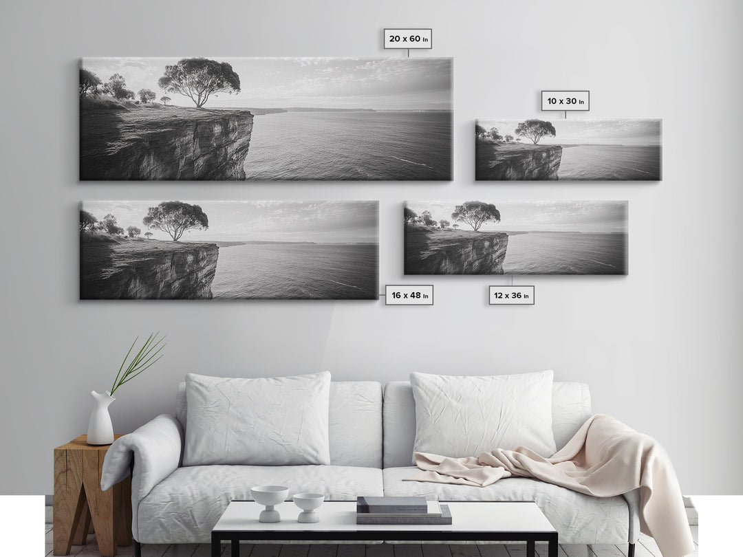 Coastal Cliff Tree, Ocean Horizon, Nature Photography, Framed Canvas Print, Minimalist Wall Art, Living Room Decor, Modern Landscape