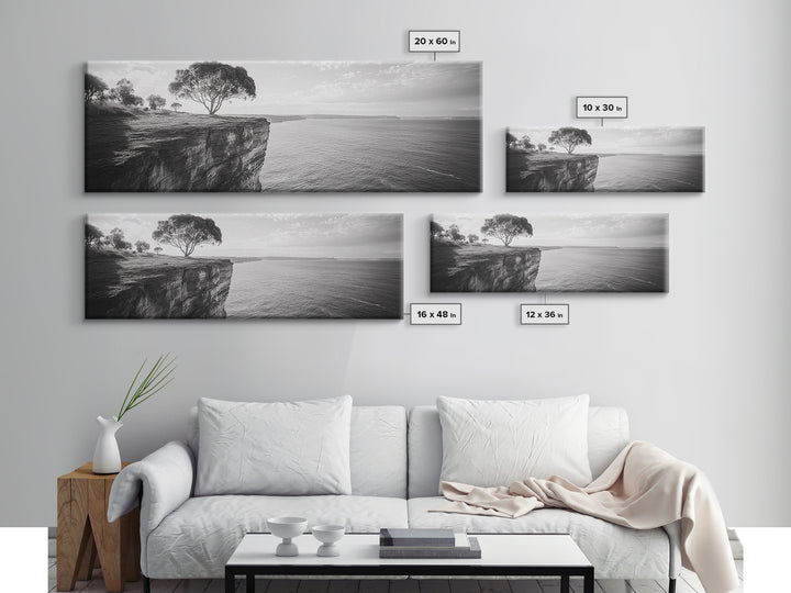 Coastal Cliff Tree, Ocean Horizon, Nature Photography, Framed Canvas Print, Minimalist Wall Art, Living Room Decor, Modern Landscape