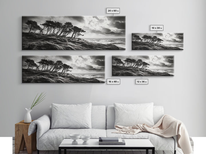 Windswept Pines, Stormy Sea, Moody Coastal Scene, Framed Canvas Print, Rustic Nature Decor, Bedroom Wall Art, Autumn Vibes