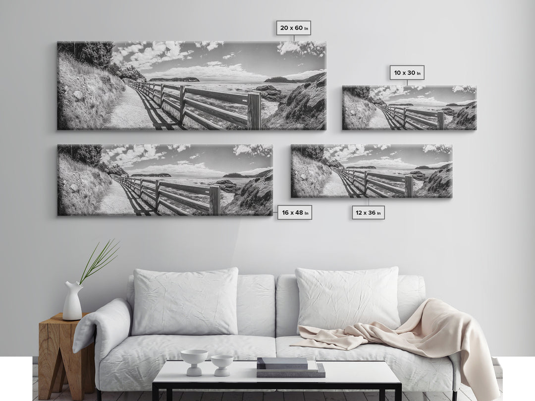 Coastal Fence Path, Island View, Ocean Trail, Framed Canvas Print, Bright Scenic Art, Living Room Decor, Seaside Landscape Vibe