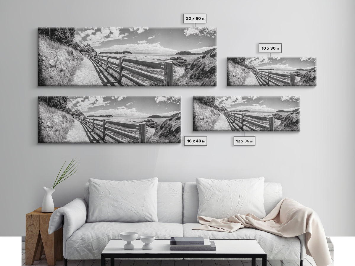 Coastal Fence Path, Island View, Ocean Trail, Framed Canvas Print, Bright Scenic Art, Living Room Decor, Seaside Landscape Vibe