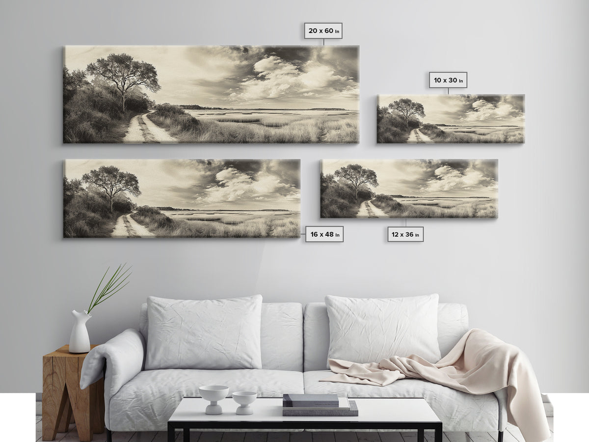 Country Road, Marshland Meadow, Lone Tree Landscape, Framed Canvas Print, Rustic Fall Wall Art, Entryway Decor, Neutral Nature Style