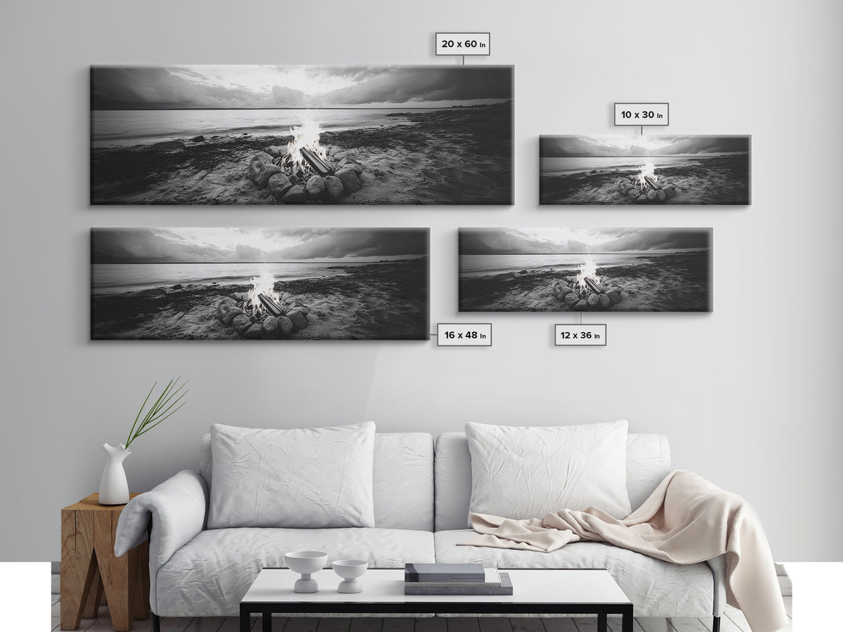 Campfire Circle, Shoreline Fire, Beach Rocks, Autumn Mood, Canvas Print, rustic Fall art, outdoor living decor, lakeside art, coastal art