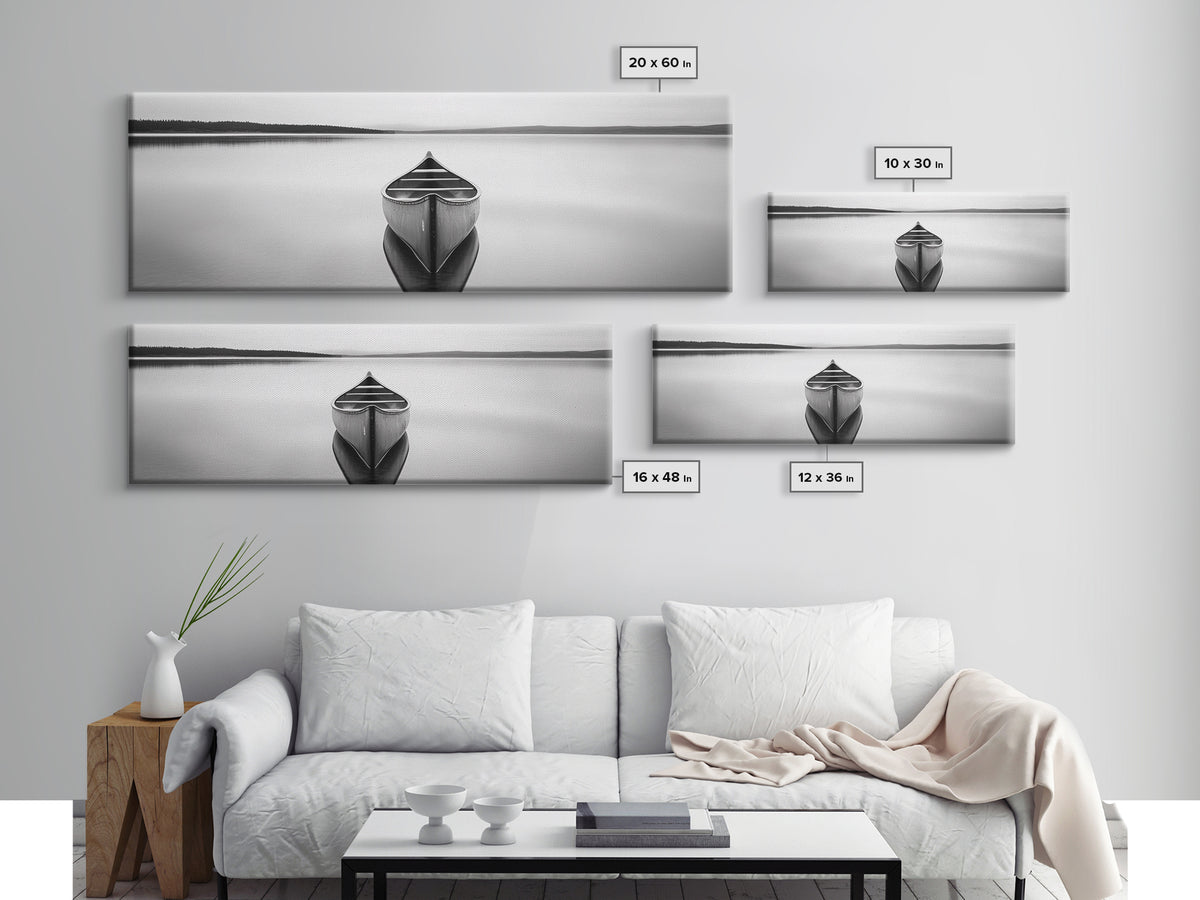 Still Canoe, Lake Mirror, Serene Water, Monochrome Boat, Framed Canvas Print, minimalist wall art, peaceful bedroom decor, boho lake style