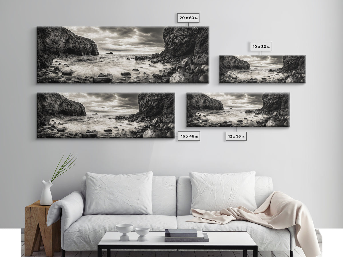 Rocky Shore Escape, Ocean Cliffside, Wild Coast, Moody Sky, Framed Canvas Print, Modern Bathroom Art, Nature Lover Decor