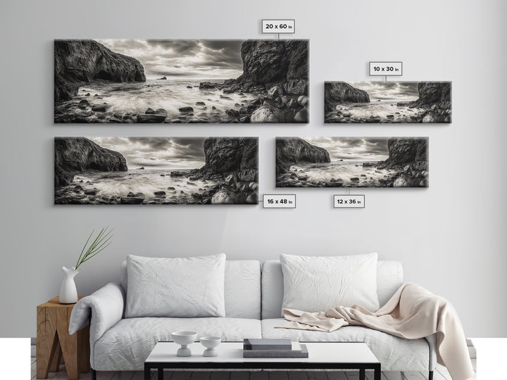 Rocky Shore Escape, Ocean Cliffside, Wild Coast, Moody Sky, Framed Canvas Print, Modern Bathroom Art, Nature Lover Decor